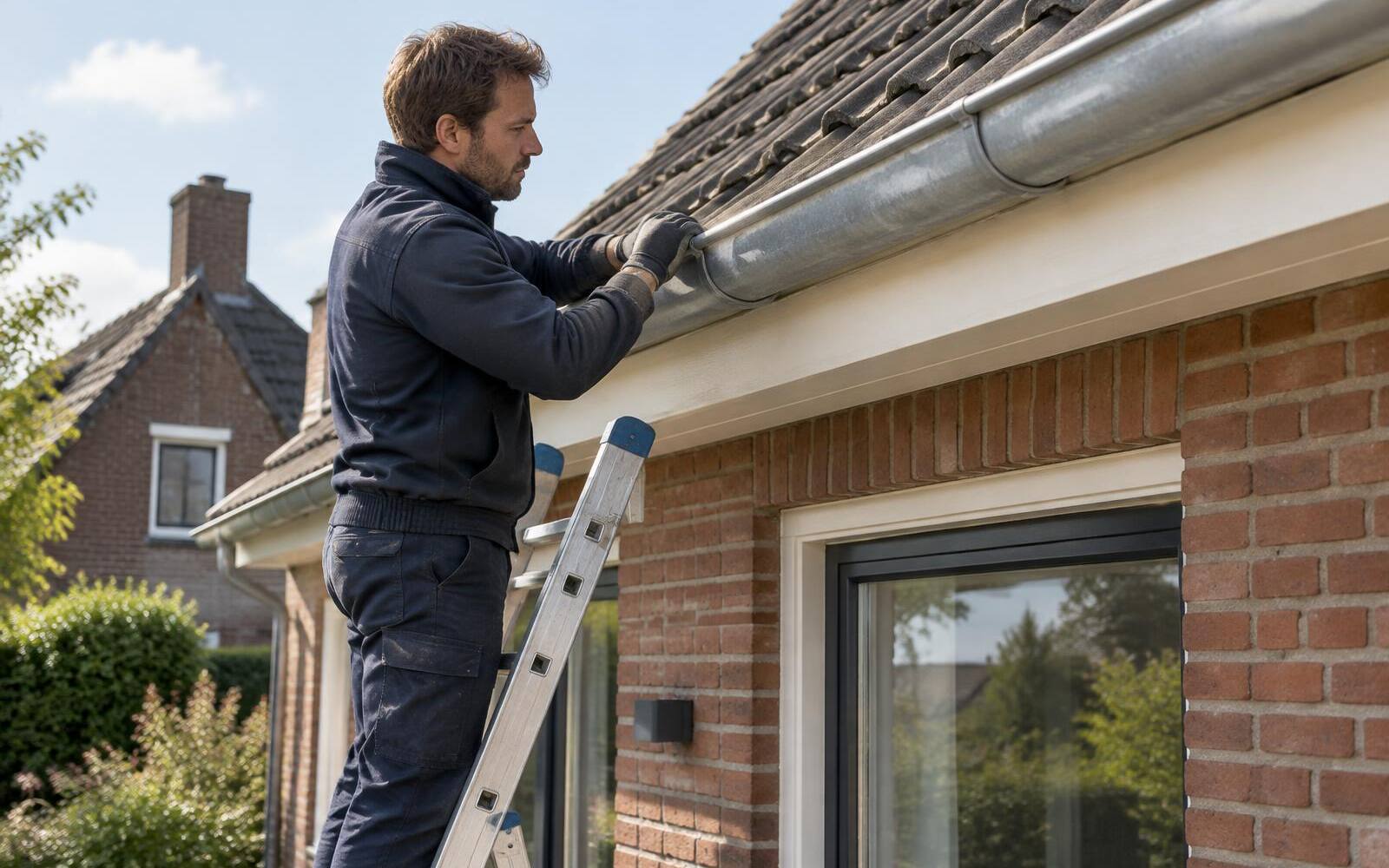 Dakdekker op een ladder werkt aan een zinken dakgoot