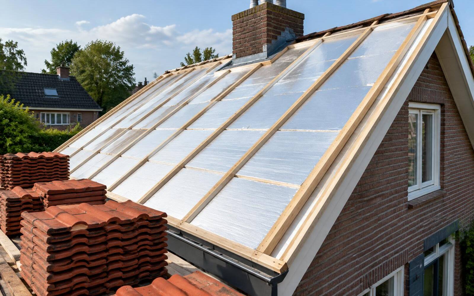 Pannendak met isolatieplaten tussen nieuwe panlatten