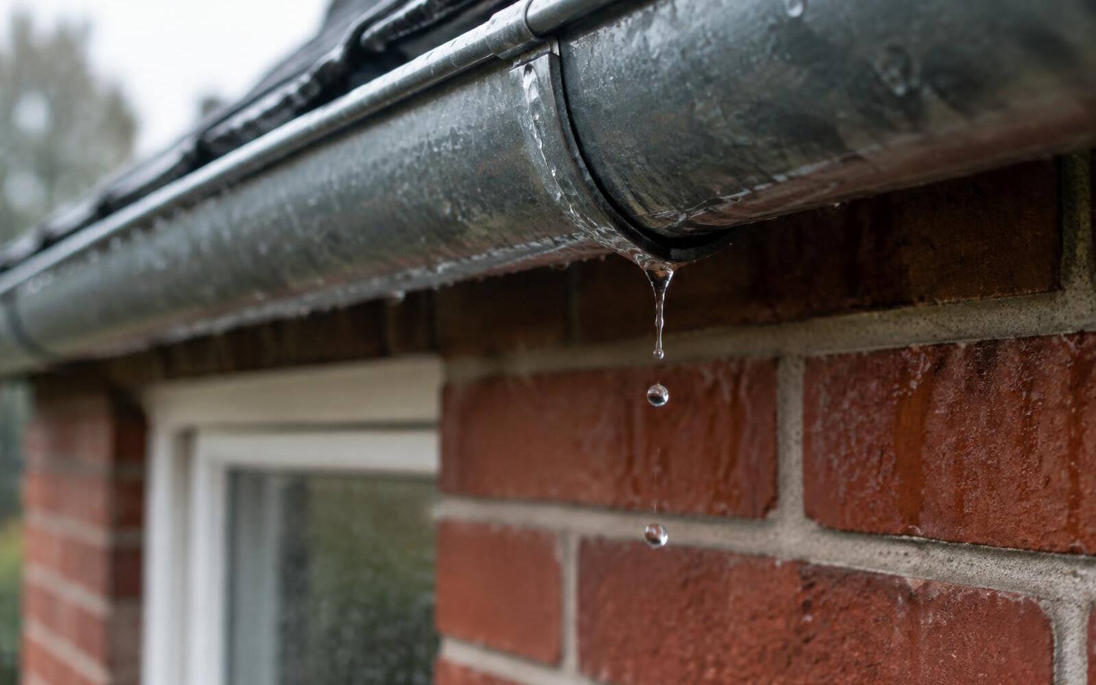 Water druppelt uit een naad van een zinken dakgoot