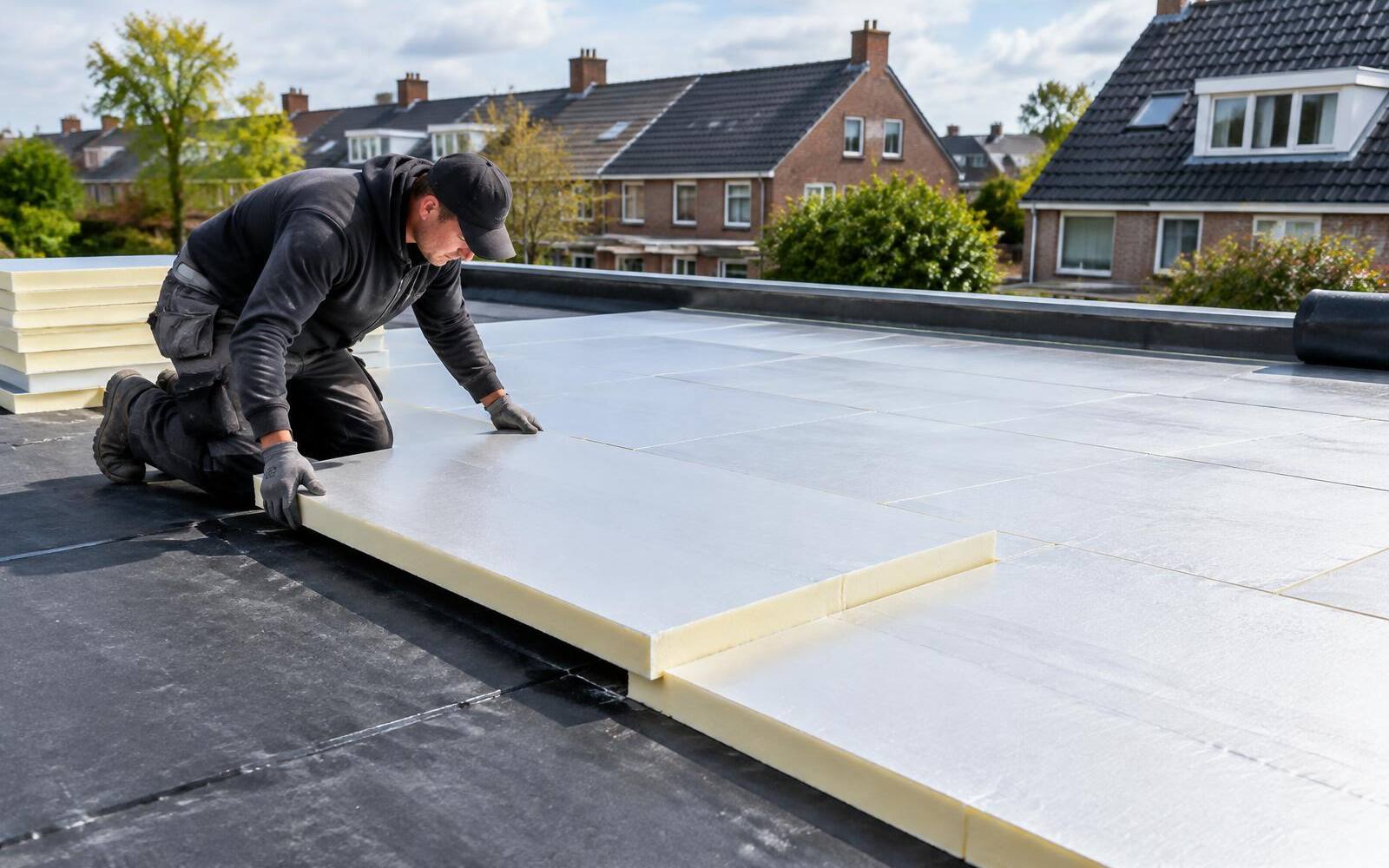 Isolatieplaten op een plat dak voor de dakbedekking erop gaat