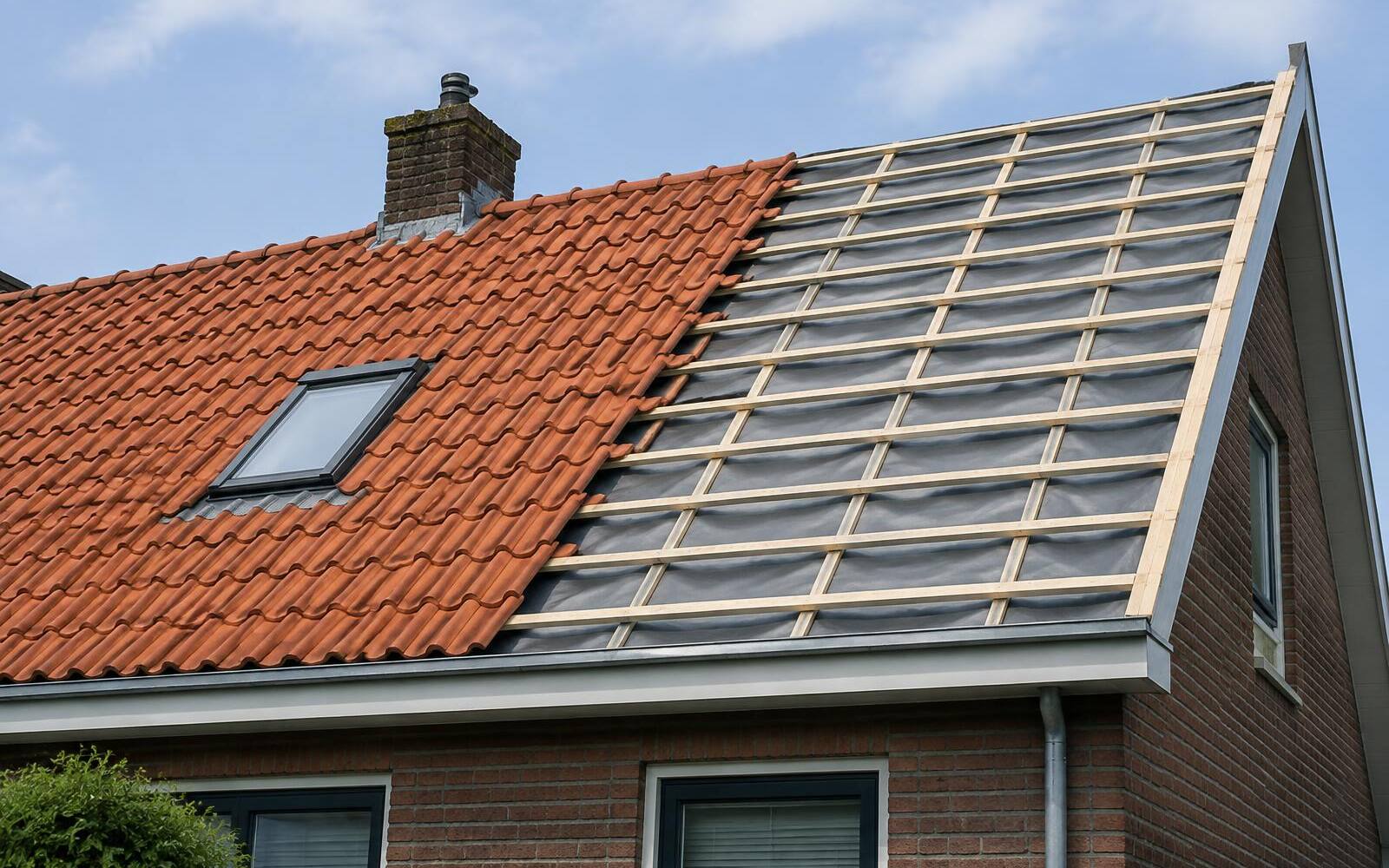 Pannendak half gerenoveerd met nieuwe panlatten en folie