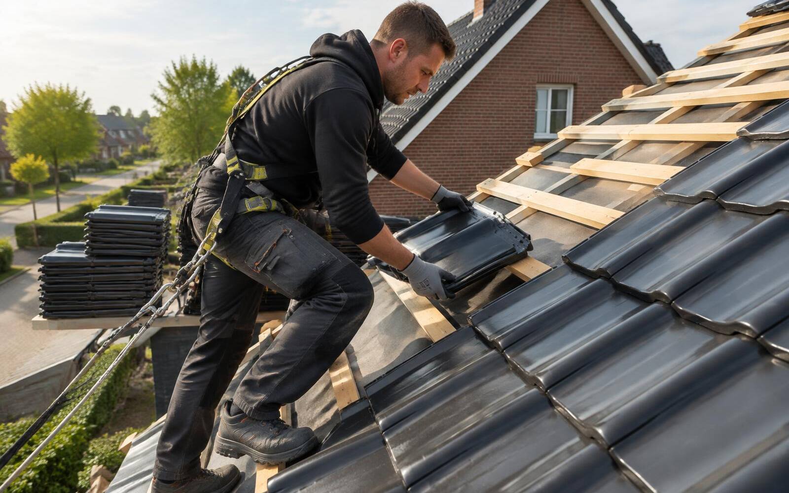 Nieuwe antraciet dakpannen worden op nieuwe panlatten gelegd