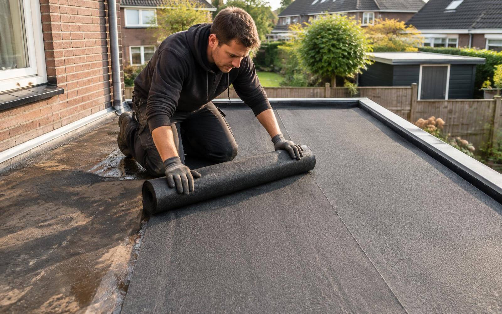 Nieuwe rol bitumen wordt over een bestaand plat dak uitgerold