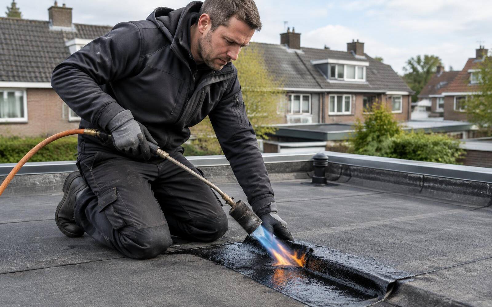 Dakdekker brandt een bitumen reparatie op een plat dak
